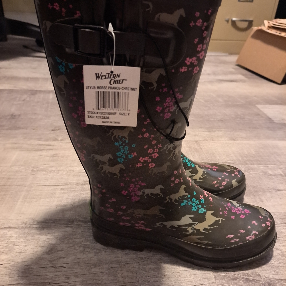 Western Chief Horse Print Chestnut Rain Boots - Black with Pink & Teal Floral